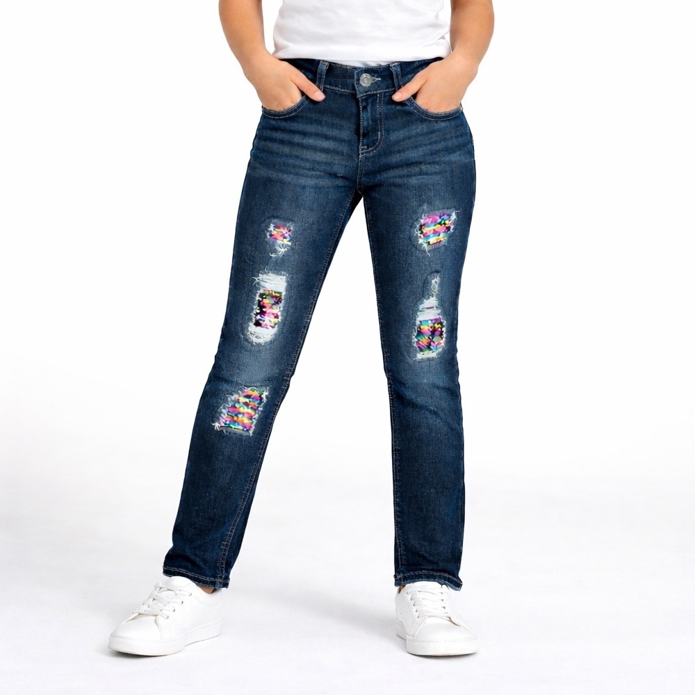 Justice Girls Girlfriend Jeans Size 10 | Rainbow Sequin Distressed Denim (1218)